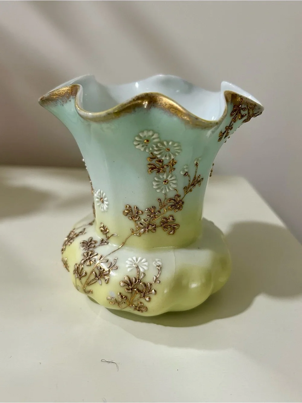 1920s Vintage Glass Vase in Pale Mint and Soft Yellow with Gold Accents